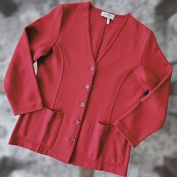 Vtg 90s Rodier cranberry wool-blend cardigan jacket - Picture 3 of 15
